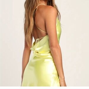 Lulu's Lemon Yellow Satin Mini Lace-Up String Crowl Neck Dress Super Sexy M
